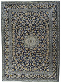 Full view of 2000s Kashan rug from Iran / Persia, 413 × 300 cm in Blue tones