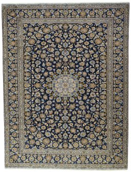 Full view of 2000s Kashan rug from Iran / Persia, 400 × 304 cm in Blue tones