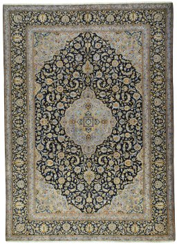 Full view of 2000s Kashan rug from Iran / Persia, 413 × 297 cm in Blue tones
