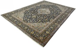 Corner detail of 2000s Kashan rug showing border pattern and Wool pile