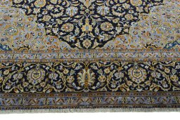 Full view of 2000s Kashan rug from Iran / Persia, 413 × 297 cm in Blue tones