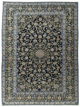 Full view of 2000s Kashan rug from Iran / Persia, 298 × 222 cm in Blue tones