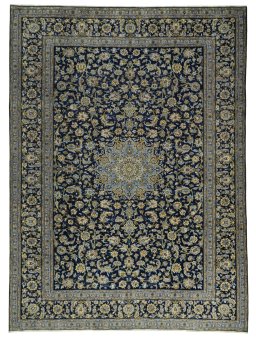 Full view of 2000s Kashan rug from Iran / Persia, 384 × 281 cm in Blue tones