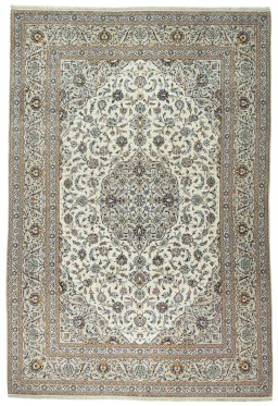 Full view of 2000s Kashan rug from Iran / Persia, 380 × 257 cm in Beige tones
