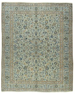 Full view of 1970s Kashan rug from Iran / Persia, 365 × 295 cm in Green tones