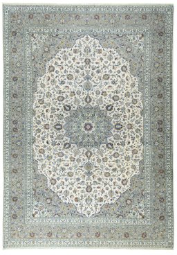 Full view of 2000s Kashan rug from Iran / Persia, 418 × 296 cm in Beige tones