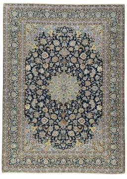 Full view of 2000s Kashan rug from Iran / Persia, 404 × 292 cm in Blue tones