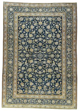 Full view of 2000s Kashan rug from Iran / Persia, 378 × 268 cm in Blue tones