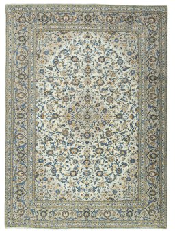 Full view of 2000s Kashan rug from Iran / Persia, 405 × 295 cm in Beige tones