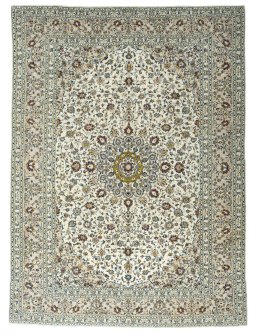 Full view of 2000s Kashan rug from Iran / Persia, 344 × 251 cm in Beige tones