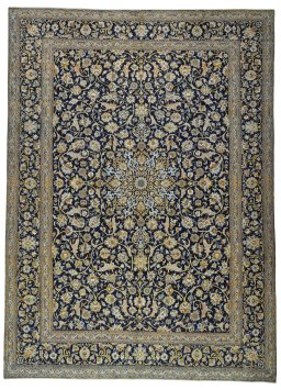 Full view of 2000s Kashan rug from Iran / Persia, 413 × 301 cm in Blue tones
