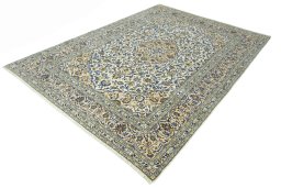 Corner detail of 2000s Kashan rug showing border pattern and Wool pile
