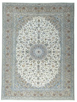 Full view of 2000s Kashan rug from Iran / Persia, 397 × 296 cm in Beige tones