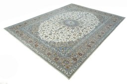Corner detail of 2000s Kashan rug showing border pattern and Wool pile