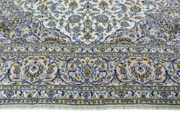 Full view of 2000s Kashan rug from Iran / Persia, 380 × 295 cm in Beige tones