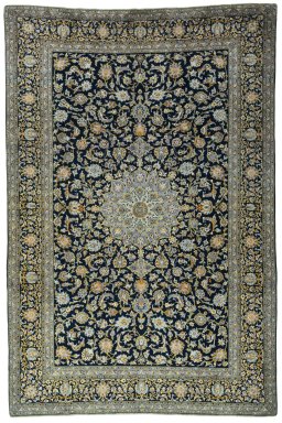 Full view of 2000s Kashan rug from Iran / Persia, 440 × 294 cm in Blue tones