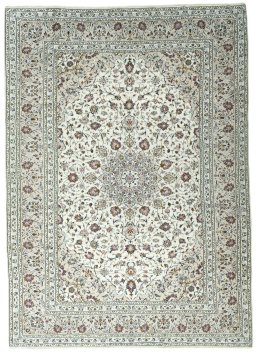 Full view of 2000s Kashan rug from Iran / Persia, 343 × 245 cm in Beige tones