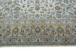 Full view of 2000s Kashan rug from Iran / Persia, 422 × 300 cm in Blue tones