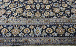 Full view of 2000s Kashan rug from Iran / Persia, 393 × 301 cm in Blue tones