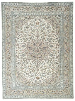Full view of 2000s Kashan rug from Iran / Persia, 394 × 297 cm in Beige tones