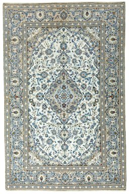 Full view of 2000s Kashan rug from Iran / Persia, 297 × 192 cm in Beige tones