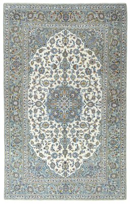 Full view of 2000s Kashan rug from Iran / Persia, 325 × 205 cm in Beige tones
