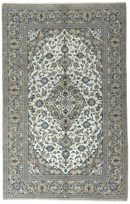 Full view of 2000s Kashan rug from Iran / Persia, 305 × 195 cm in Beige tones