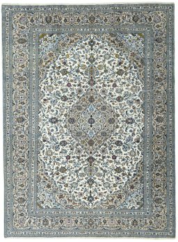 Full view of 2000s Kashan rug from Iran / Persia, 395 × 293 cm in Beige tones