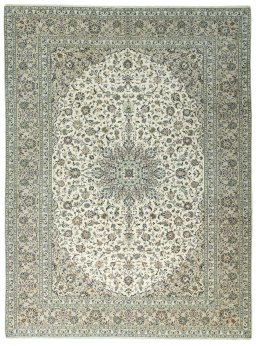 Full view of 2000s Kashan rug from Iran / Persia, 400 × 300 cm in Beige tones