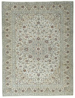 Full view of 2000s Kashan rug from Iran / Persia, 395 × 297 cm in Beige tones