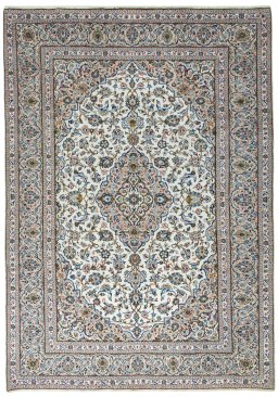 Full view of 2000s Kashan rug from Iran / Persia, 407 × 286 cm in Beige tones