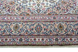 Full view of 2000s Kashan rug from Iran / Persia, 407 × 286 cm in Beige tones