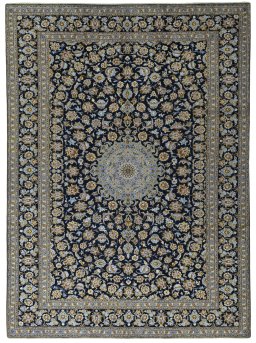 Full view of 2000s Kashan rug from Iran / Persia, 412 × 300 cm in Blue tones