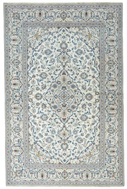 Full view of 2000s Kashan rug from Iran / Persia, 300 × 195 cm in Beige tones