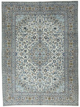 Full view of 2000s Kashan rug from Iran / Persia, 393 × 290 cm in Beige tones