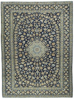Full view of 1970s Kashan rug from Iran / Persia, 402 × 300 cm in Blue tones