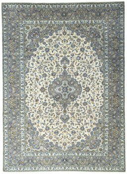 Full view of 2000s Kashan rug from Iran / Persia, 406 × 296 cm in Beige tones
