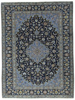Full view of 2000s Kashan rug from Iran / Persia, 390 × 290 cm in Blue tones