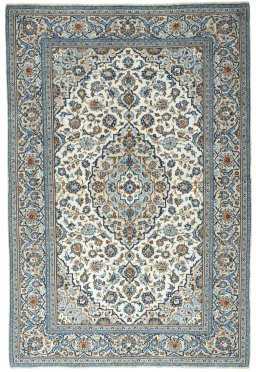 Full view of 2000s Kashan rug from Iran / Persia, 293 × 198 cm in Beige tones