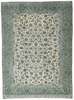 Full view of 2000s Kashan rug from Iran / Persia, 390 × 285 cm in Beige tones
