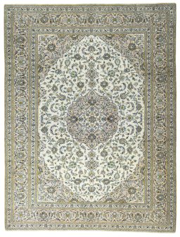 Full view of 2000s Kashan rug from Iran / Persia, 380 × 292 cm in Beige tones