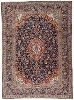 Full view of 2000s Kashan rug from Iran / Persia, 413 × 300 cm in Blue tones