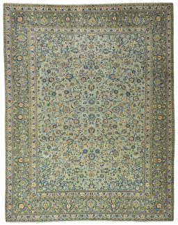 Full view of 2000s Kashan rug from Iran / Persia, 395 × 311 cm in Green tones