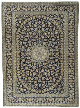 Full view of 2000s Kashan rug from Iran / Persia, 418 × 302 cm in Blue tones