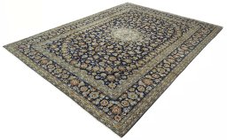 Corner detail of 2000s Kashan rug showing border pattern and Wool pile