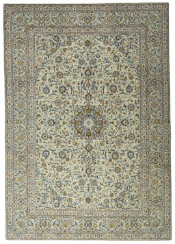 Full view of 2000s Kashan rug from Iran / Persia, 405 × 288 cm in Green tones