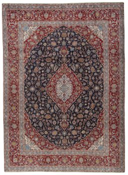Full view of 2000s Kashan rug from Iran / Persia, 405 × 295 cm in Blue tones