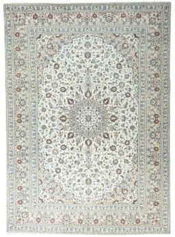 Full view of 2000s Kashan rug from Iran / Persia, 403 × 287 cm in Beige tones