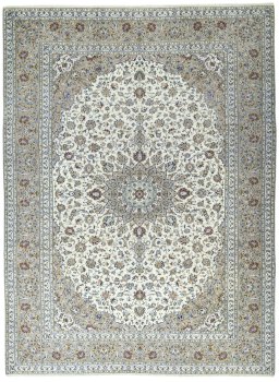 Full view of 2000s Kashan rug from Iran / Persia, 408 × 303 cm in Beige tones