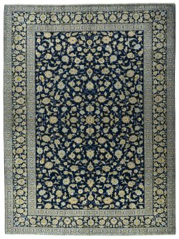 Full view of 1970s Kashan rug from Iran / Persia, 403 × 303 cm in Blue tones